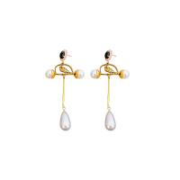 Cubic Zirconia Micro Pave Brass Earring, with Plastic Pearl, fashion jewelry & micro pave cubic zirconia & for woman & with rhinestone, golden 