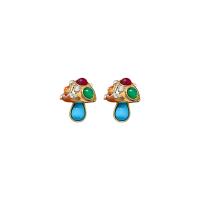 Resin Zinc Alloy Earring, with Resin, mushroom, real gold plated, fashion jewelry & for woman & with rhinestone, multi-colored 