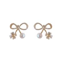 Cubic Zirconia Micro Pave Brass Earring, Copper Alloy, with Plastic Pearl, Bowknot, real gold plated, fashion jewelry & micro pave cubic zirconia & for woman 