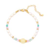 Gemstone Pearl Bracelets, Natural Stone, with Freshwater Pearl & Brass & 304 Stainless Steel, with 2inch extender chain, real gold plated, fashion jewelry & for woman Approx 7.3 Inch 