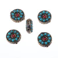 Brass Spacer Beads, with Synthetic Turquoise, Flat Round, vintage & DIY, mixed colors 