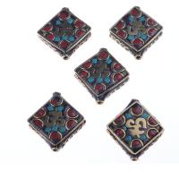 Brass Spacer Beads, with Clay, Rhombus, gold color plated, vintage & DIY, mixed colors [