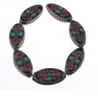 Brass Spacer Beads, with Clay, Flat Oval, gold color plated, vintage & DIY, mixed colors [