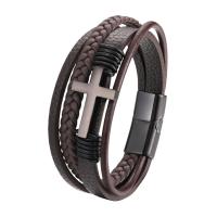 PU Leather Cord Bracelets, with 316L Stainless Steel, Cross, Vacuum Ion Plating, multilayer & for man [