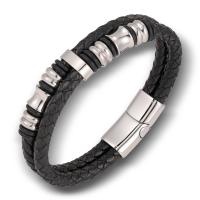 PU Leather Cord Bracelets, with 316L Stainless Steel, Double Layer & for man, black 
