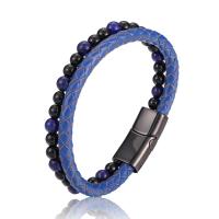 PU Leather Cord Bracelets, with Lapis Lazuli & Tiger Eye & 316L Stainless Steel, Vacuum Ion Plating & for man [