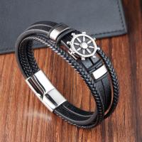 PU Leather Cord Bracelets, with 304 Stainless Steel, Ship Wheel, vintage & for man, black cm 