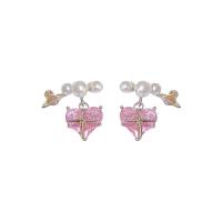 Cubic Zircon Brass Earring, Copper Alloy, with Plastic Pearl, Heart, real gold plated, fashion jewelry & micro pave cubic zirconia & for woman, pink [