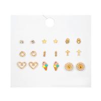 Zinc Alloy Rhinestone Stud Earring, gold color plated, 9 pieces & fashion jewelry & for woman & enamel & with rhinestone, multi-colored [