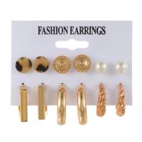 Zinc Alloy Stud Earring, with Plastic Pearl & Acrylic, gold color plated, 6 pieces & fashion jewelry & for woman, golden 