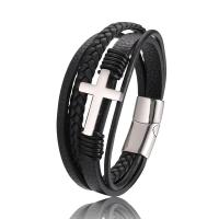 PU Leather Cord Bracelets, with 316L Stainless Steel, Cross, Vacuum Ion Plating & for man 