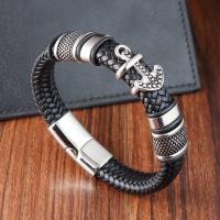 PU Leather Cord Bracelets, with 304 Stainless Steel, Anchor, polished, vintage & for man, black cm 