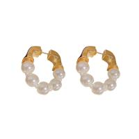 Brass Hoop Earring, Copper Alloy, with Plastic Pearl, real gold plated, fashion jewelry & for woman, white [