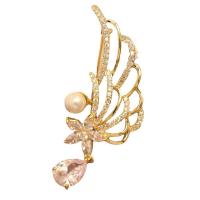 Cubic Zirconia Brooch, Brass, with Plastic Pearl, Wing Shape, plated, fashion jewelry & micro pave cubic zirconia & for woman [