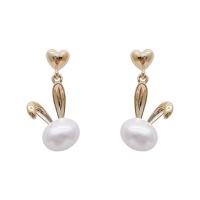 Brass Drop Earring, Copper Alloy, with Plastic Pearl, Rabbit, real gold plated, fashion jewelry & for woman, white [