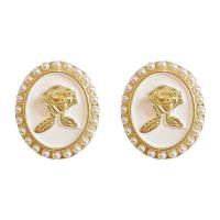 Brass Stud Earring, Copper Alloy, with Plastic Pearl, real gold plated, fashion jewelry & for woman & enamel [