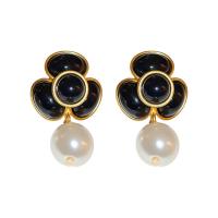 Brass Drop Earring, with Plastic Pearl, fashion jewelry & for woman, black 