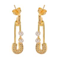 Cubic Zirconia Micro Pave Brass Earring, with Plastic Pearl, Safety Pin, gold color plated, fashion jewelry & micro pave cubic zirconia & for woman 