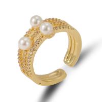 Cubic Zirconia Micro Pave Brass Finger Ring, with Plastic Pearl, plated, Adjustable & fashion jewelry & micro pave cubic zirconia & for woman 