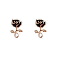 Cubic Zirconia Micro Pave Brass Earring, Copper Alloy, Rose, real gold plated, fashion jewelry & micro pave cubic zirconia & for woman & enamel, black [