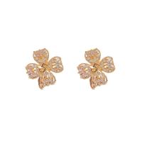 Cubic Zirconia Micro Pave Brass Earring, Four Leaf Clover, gold color plated, fashion jewelry & micro pave cubic zirconia & for woman [