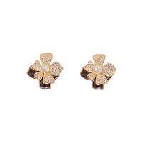 Cubic Zirconia Micro Pave Brass Earring, with Plastic Pearl, Flower, plated, fashion jewelry & micro pave cubic zirconia & for woman & enamel 