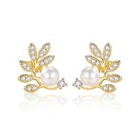 Sterling Silver Natural Pearl Stud Earring, 925 Sterling Silver, with Freshwater Pearl, Leaf, plated, micro pave cubic zirconia 