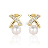 Sterling Silver Natural Pearl Stud Earring, 925 Sterling Silver, with Freshwater Pearl, plated, micro pave cubic zirconia 