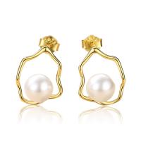 Sterling Silver Natural Pearl Stud Earring, 925 Sterling Silver, Geometrical Pattern, polished, for woman 