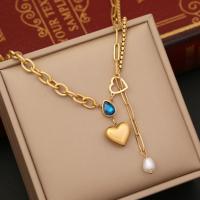 Stainless Steel Jewelry Necklace, Plastic Pearl, Heart, gold color plated & for woman & with rhinestone 