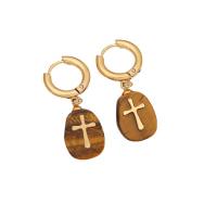 Gemstone Drop Earring, 304 Stainless Steel, with Gemstone, Cross, gold color plated & for woman 