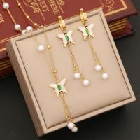 Rhinestone stainless steel Jewelry Set, 304 Stainless Steel, with Plastic Pearl, Butterfly, gold color plated, oval chain & for woman & with rhinestone [