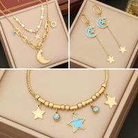 Turquoise Stainless Steel Jewelry Sets, 304 Stainless Steel, with turquoise & Plastic Pearl, Moon and Star, gold color plated & for woman 