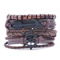 Fashion Create Wax Cord Bracelets, with PU Leather & Wood & Zinc Alloy, handmade, 4 pieces & fashion jewelry & Unisex, brown, 6cm cm 