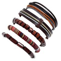 PU Leather Cord Bracelets, with Wax Cord & Wood & Zinc Alloy, handmade, 5 pieces & fashion jewelry & Unisex, brown, 6cm cm [