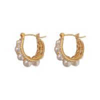 Boucles d'oreilles en laiton zircon cubique pavent, avec perle de plastique, Placage de couleur d'or, bijoux de mode & pavé de micro zircon & pour femme Vendu par paire[