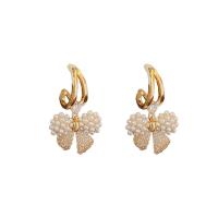 Cubic Zirconia Micro Pave Brass Earring, with Plastic Pearl, Bowknot, gold color plated, fashion jewelry & micro pave cubic zirconia & for woman 