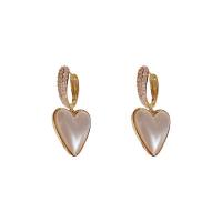 Cubic Zirconia Micro Pave Brass Earring, with Plastic Pearl, Heart, gold color plated, fashion jewelry & micro pave cubic zirconia & for woman, white 