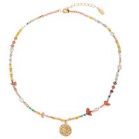 Gemstone Necklaces, Brass, with Natural Stone & Freshwater Pearl, with 2inch extender chain, gold color plated, Bohemian style & for woman Approx 16.5 Inch [
