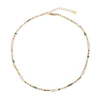 Gemstone Necklaces, Titanium Steel, with Natural Stone & Plastic Pearl, real gold plated, Bohemian style & for woman Approx 18.5 Inch 