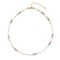 Gemstone Necklaces, Natural Stone, with Freshwater Pearl & 304 Stainless Steel, with 2inch extender chain, real gold plated, Bohemian style & for woman Approx 15.4 Inch 