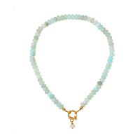 Gemstone Necklaces, Titanium Steel, with Aquamarine, real gold plated, Bohemian style & for woman Approx 16.9 Inch [