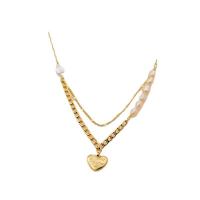 Natural Freshwater Pearl Necklace, Titanium Steel, with Freshwater Pearl, with 5.5cm extender chain, real gold plated, Double Layer & fashion jewelry & for woman, golden cm 