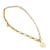 Natural Freshwater Pearl Necklace, Titanium Steel, with Freshwater Pearl, real gold plated, fashion jewelry & for woman, golden cm 