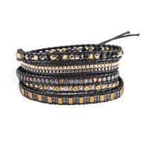 Hematite Bracelet, with 304 Stainless Steel Chain & Wax Cord & Crystal & Zinc Alloy, Vacuum Ion Plating, fashion jewelry & multilayer & Bohemian style & Unisex, mixed colors Approx 85 cm 