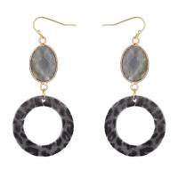 Gemstone Drop Earring, Labradorite, with Velveteen & Brass, Donut, gold color plated, vintage & fashion jewelry & for woman & leopard pattern, grey [