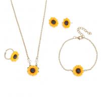 Fashion Stainless Steel Jewelry Sets, 304 Stainless Steel, Stud Earring & finger ring & bracelet & necklace, with Glass, with 1.97inch extender chain, Sunflower, 4 pieces & fashion jewelry & for woman Approx 19.69 Inch, Approx 7.09 Inch 