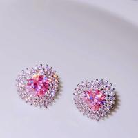 Rhinestone Brass Stud Earring, with Glass Rhinestone, Heart, platinum color plated, fashion jewelry & for woman, pink [