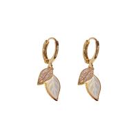 Cubic Zirconia Micro Pave Brass Earring, with Pearl Oyster, Leaf, plated, fashion jewelry & micro pave cubic zirconia & for woman 