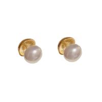 Brass Stud Earring, with Plastic Pearl, Round, gold color plated, fashion jewelry & for woman, white [